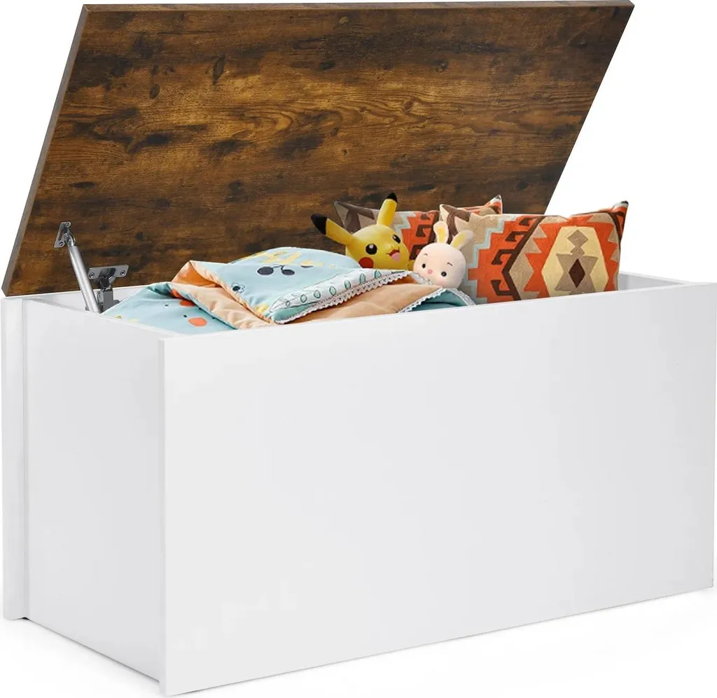 Coffre à jouets en bois marron foncé avec charnière de sécurité 60cm