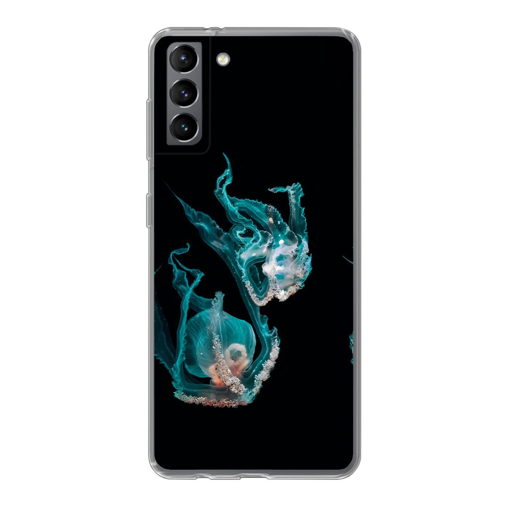 MuchoWow Handyhülle Schutzhülle Hülle für Samsung Galaxy S21 Plus Quallen - Meerestiere - Schwarz Silikon Softcase Handy Hülle - Handy-Tasche