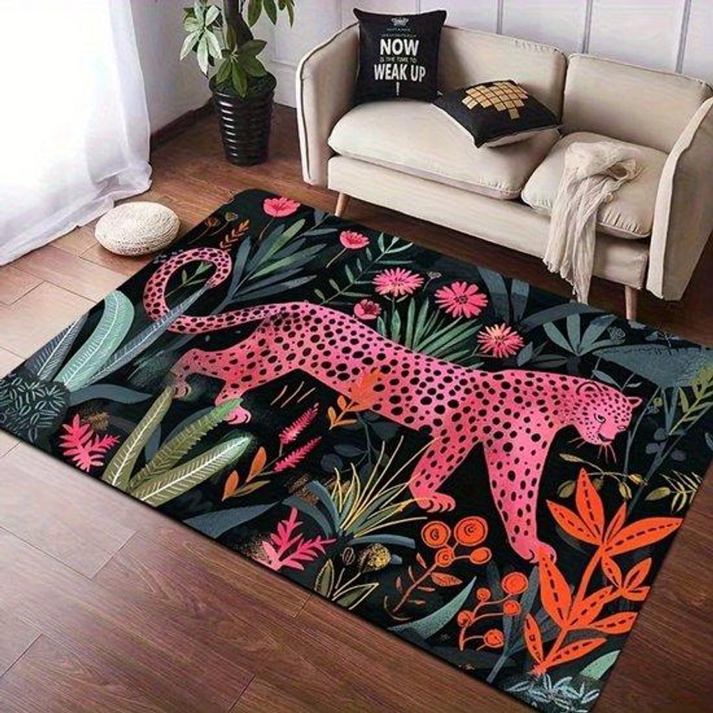 Levendige roze Polyester-Vliesboden mit Löwenmustern - 8 mm dick, maschinell wasbar, geeignet für Wohnzimmer, Schlafzimmer, Küche und Eingangsbe...