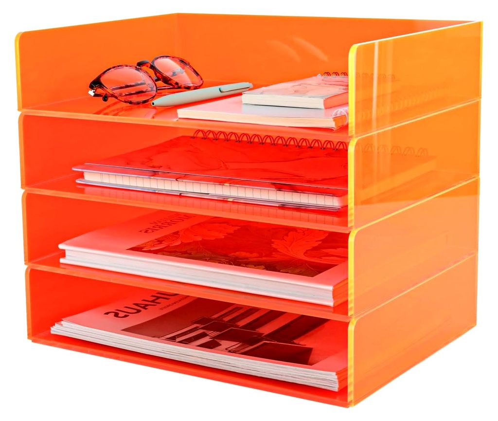 Acryl-Aktenordner, 4-stöckig, stapelbar, Briefablage, Büro-Papieraufbewahrung, Schreibtisch-Dokumentensortierer, Neonorange