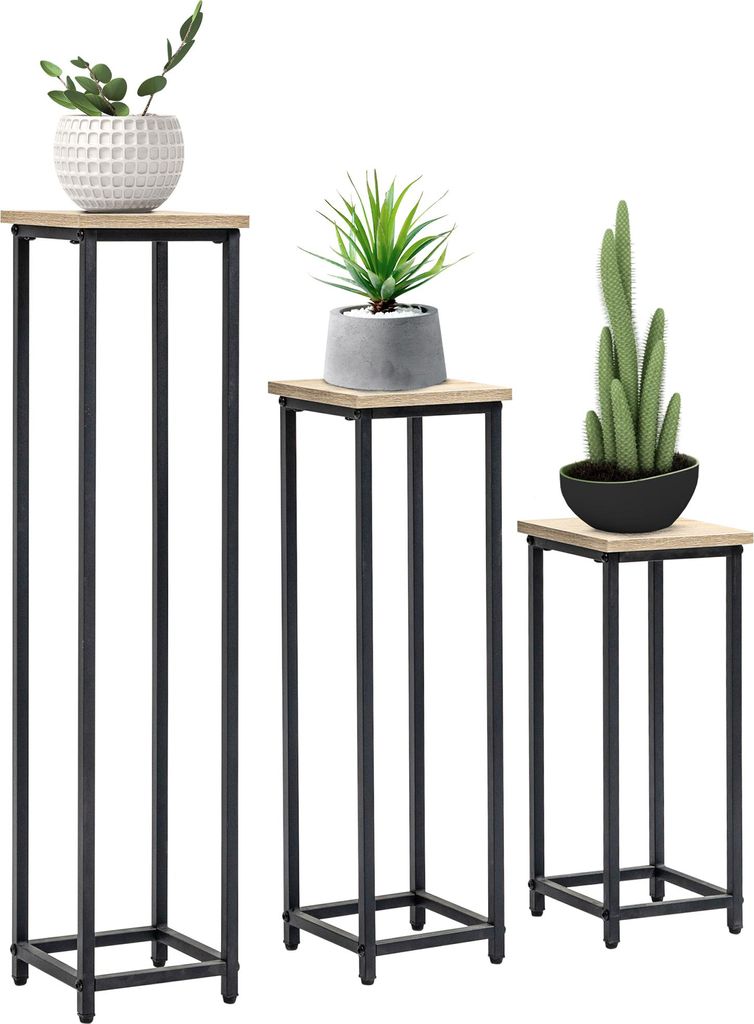 3-teiliges Set Pflanzenständer stapelbar platzsparend 21 cm x 21 cm x 50/70/90 cm Stahl Braun + Schwarz