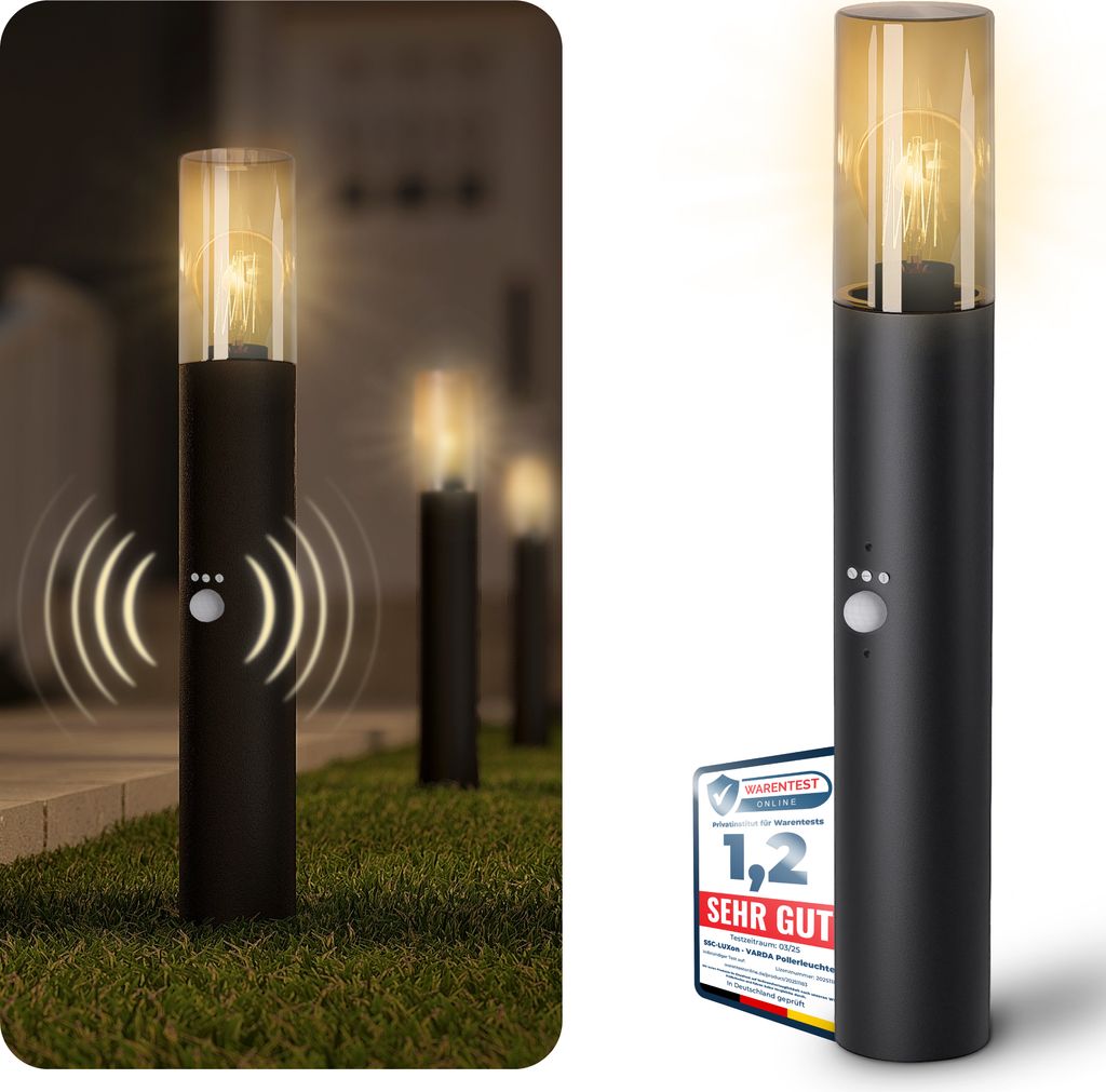 SSC-LUXon VARDA Garten Standleuchte mit Bewegungsmelder & Dämmerungssensor - Pollerleuchte IP44 inkl. LED Leuchtmittel E27 warmweiß