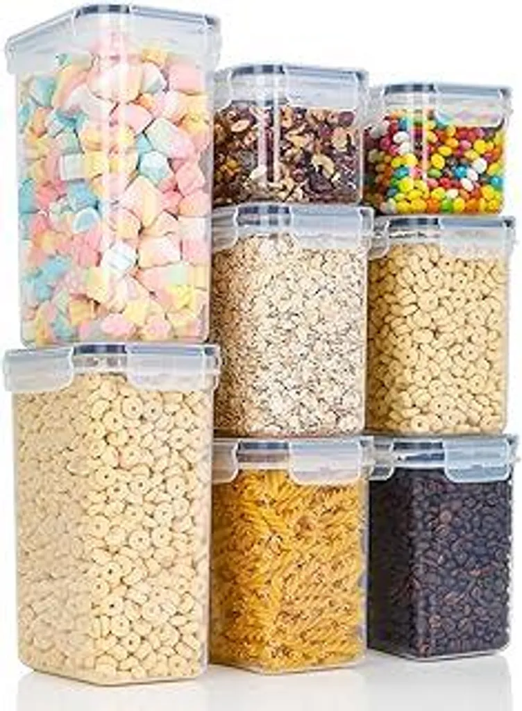 Cozary Contenitori per alimenti con coperchio ermetico, set di 8 contenitori, senza BPA, contenitori per cereali e farina, organizzazione della cucina, contenitori per conservare gli alimenti freschi