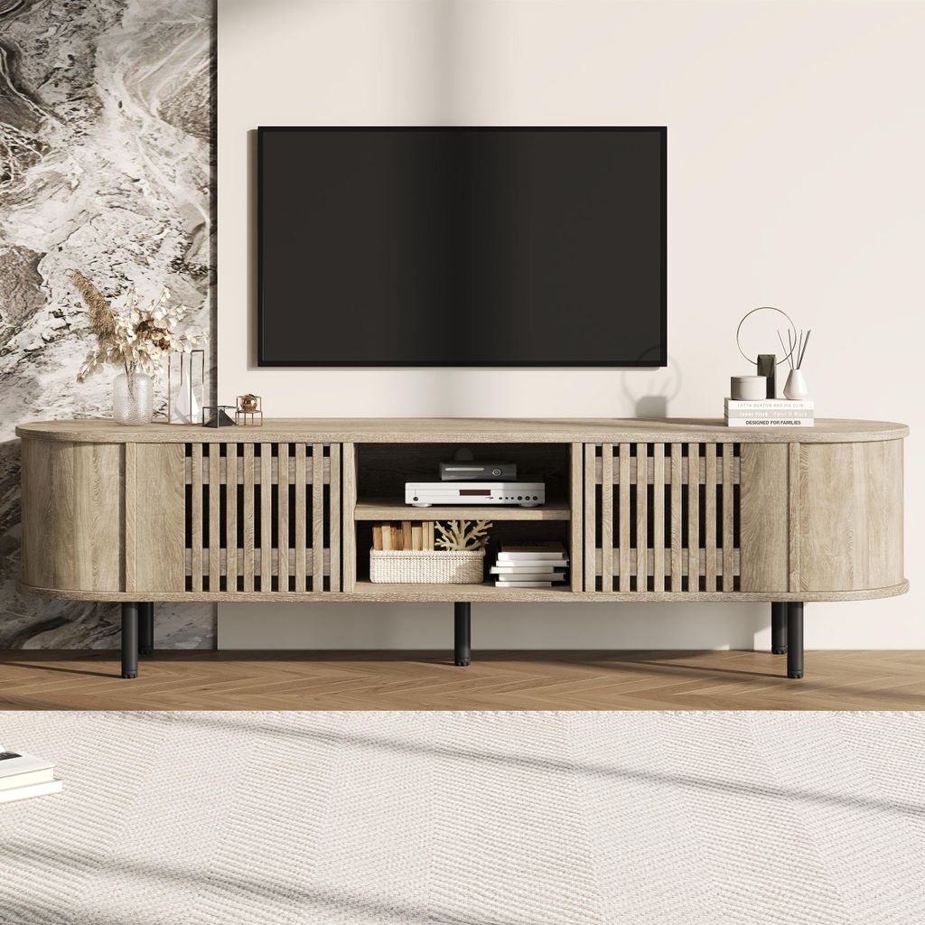 Merax TV-Schrank mit 2 Schränke und 5 Stützbeine, TV-Lowboard mit durchbrochene Holzlamellen, TV-Möbel Wohnzimmermöbel für 65 Zoll TV, Natur