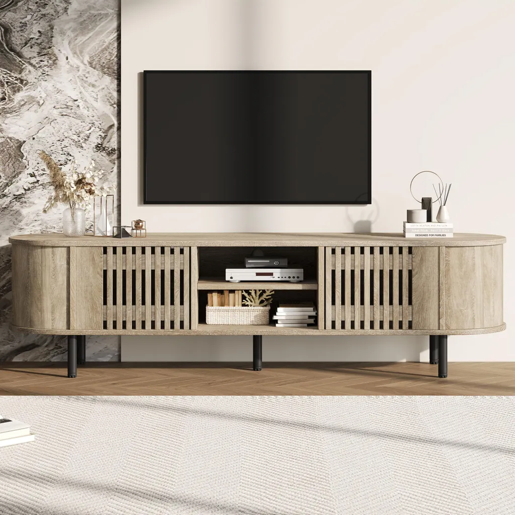 Merax Meuble TV Naturel avec 2 Armoires et 5 Pieds pour TV 65 Pouces