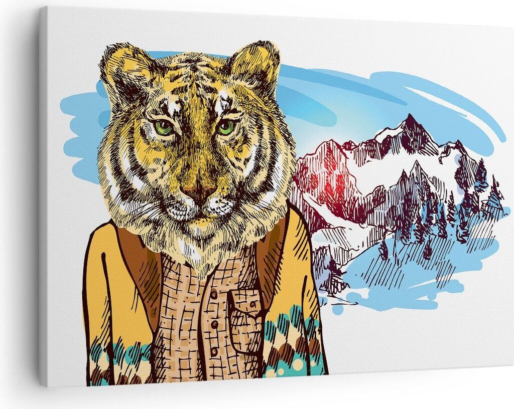 Bild auf Leinwand - Leinwandbild - Tiger in den Bergen Kinder Tierwelt - 70x50cm - Wand Bild - Wanddeko - Leinwanddruck - Bilder - Kunstdruck - Lei...