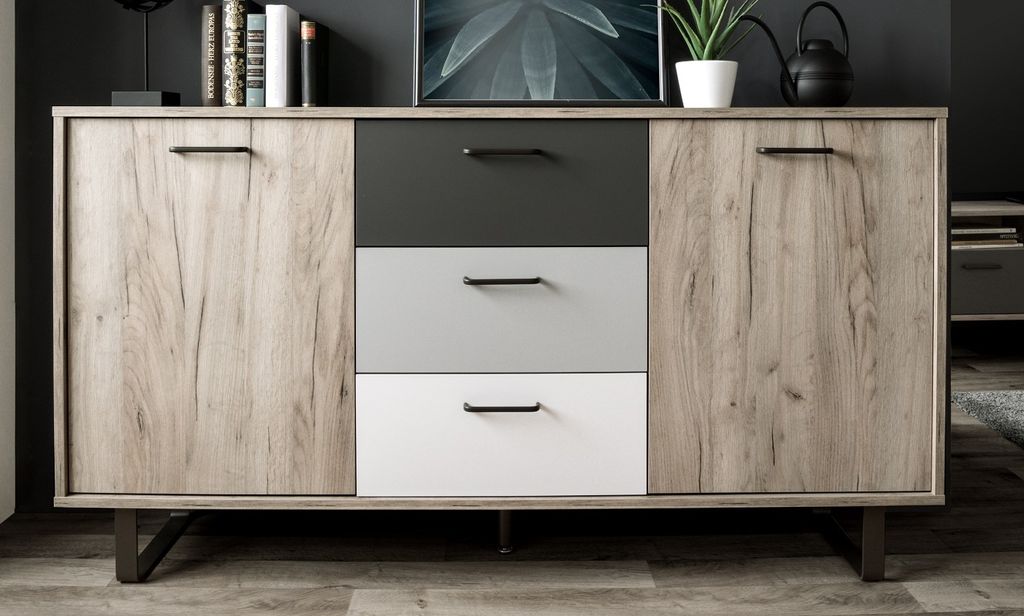 finori Sideboard Orlando 160 cm Nachbildung Grey Craft Oak Farbmix Kommode