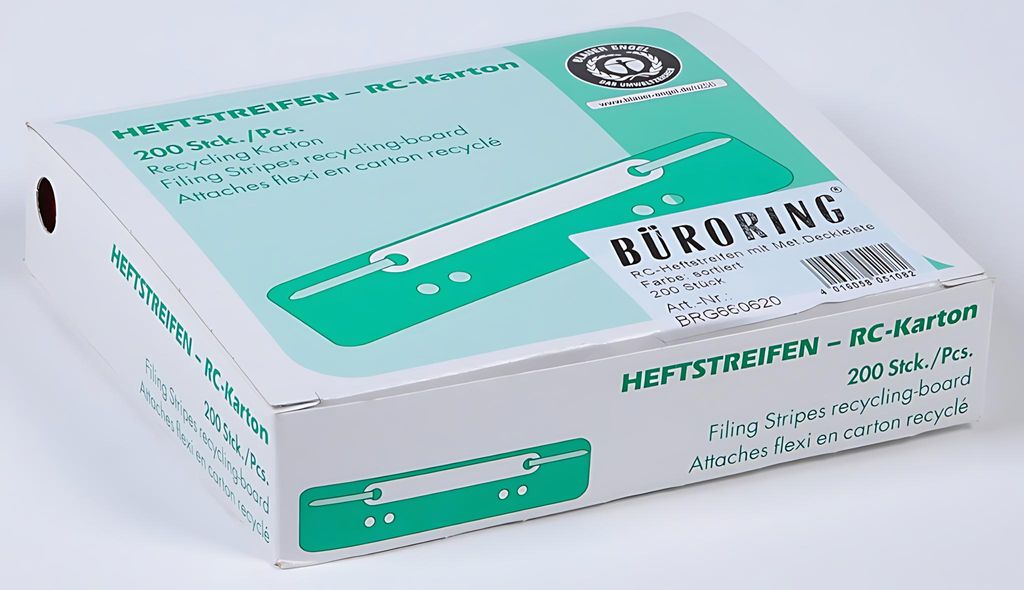 Büroring Heftstreifen kurz, Recycling-Karton, farblich sortiert, Metalldeckleiste, 200 Stück