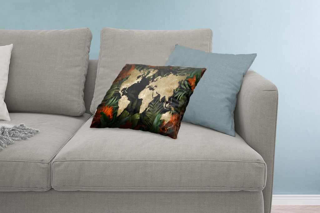 MuchoWow Zierkissen Sofakissen Wohnzimmer Dekokissen 60x40 cm Weltkarte - Vintage - Blätter - Kopfkissen - Polster mit Foto