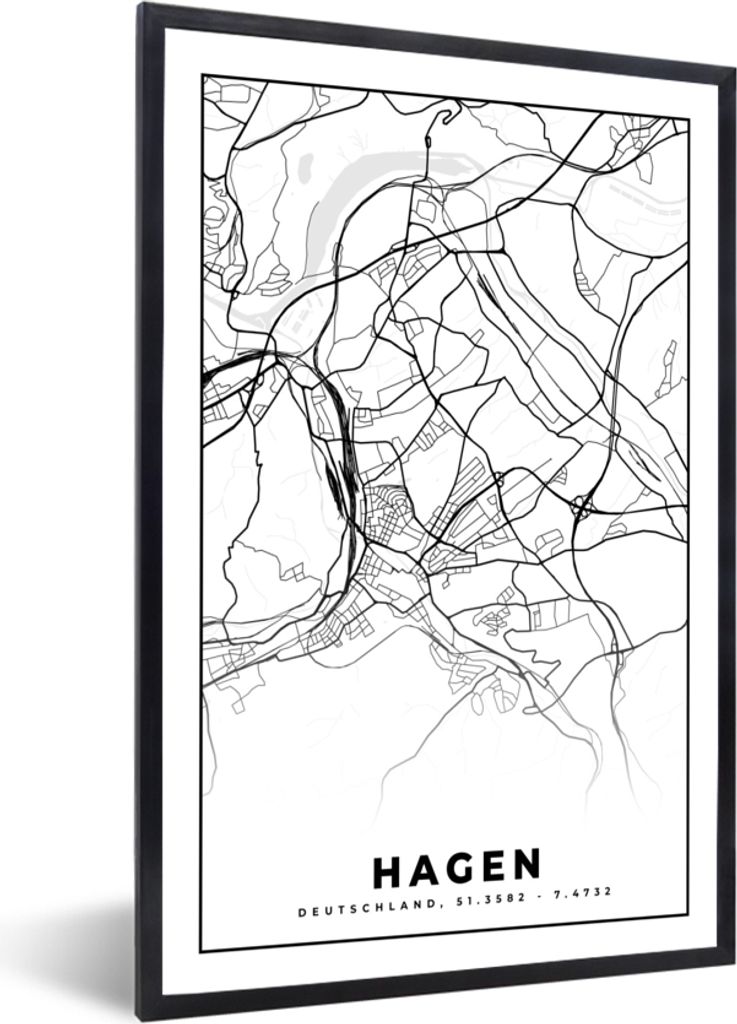 MuchoWow Gerahmtes Poster Karte - Hagen - Karte - Stadtplan 40x60 cm - Poster mit Schwarzem Bilderrahmen Wandposter Rahmen Foto Bilder - Papierdr...