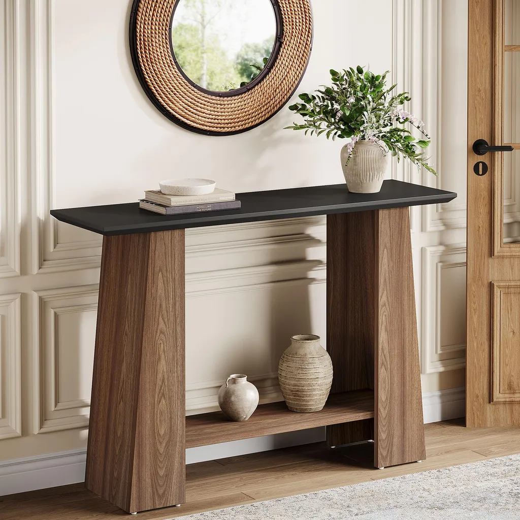 Table console Tribesigns 120cm, console d'entrée bois à deux niveaux - 8