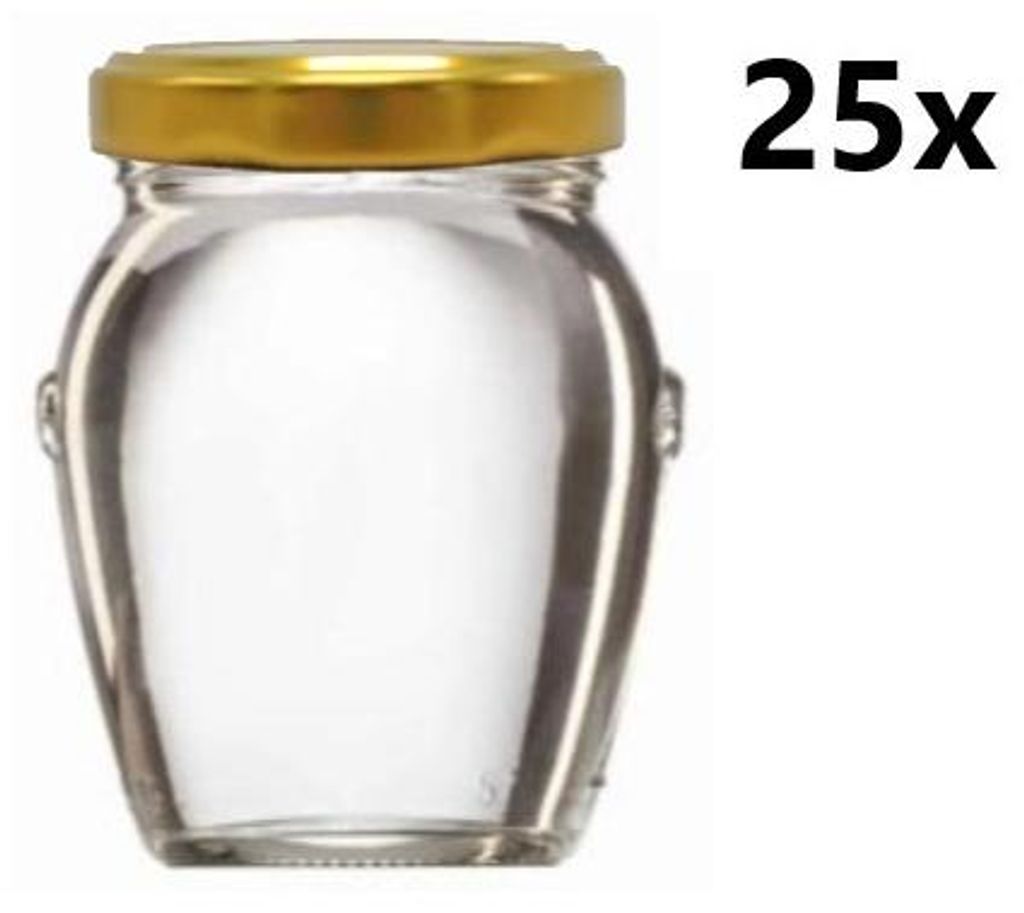 A clear glass jar with a gold lid, shown in isolation against a white background. The text '25x' is visible on the right side of the image.