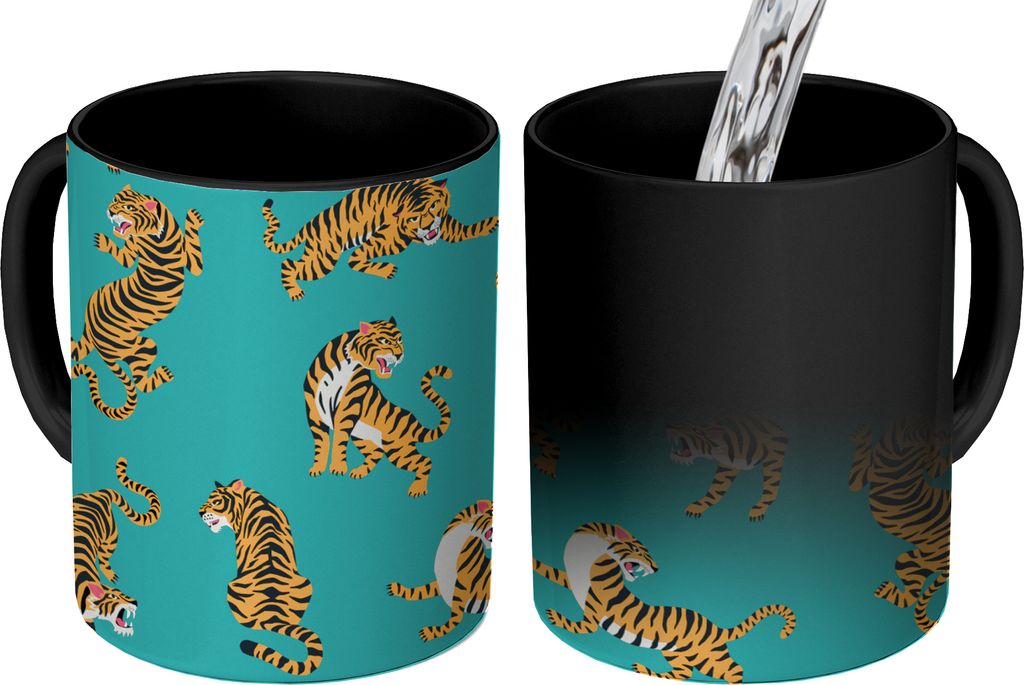MuchoWow Zauber Tasse Zaubertasse Magic Tigers - Muster - Blau 350 ml Farbwechsel Becher Geschenk Geschenkidee - Magic-Tasse - Fototasse - Kerami...