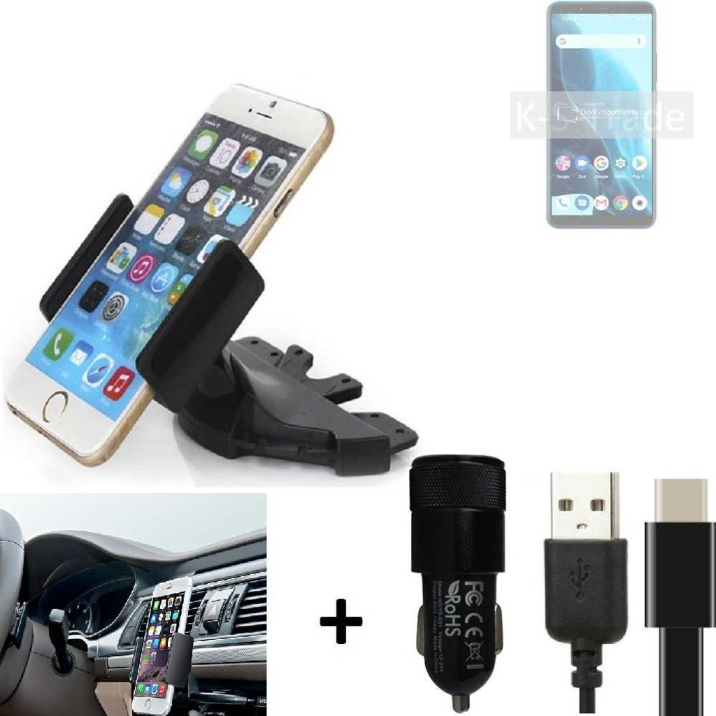 K-S-Trade CD Schlitz Handy-Halterung kompatibel mit Cubot Note 9 Autohalterung KFZ-Halter Radio Handy Halterung 360° drehbar CD-Schacht inkl. USB-C