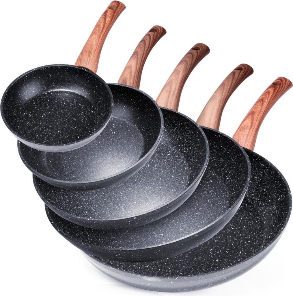 Vilde | Set mit 5 Pfannen - Bratpfanne 16/20/24/28/32 cm - Pfanne Induktion mit Antihaft-Beschichtung - BLACK and WOOD