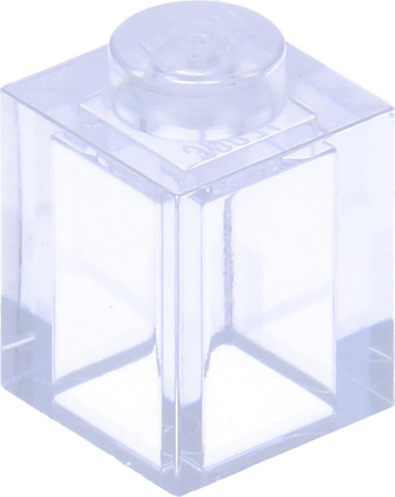 A single transparent LEGO brick is shown from a slightly elevated angle.