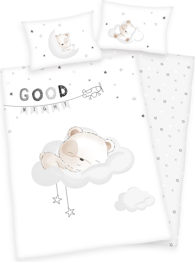 3 tlg Baby Wende Bettwäsche Set Renforcé - schlafendes Bärchen - 40x60 100x135 cm + 1 Spannbettlaken 60x120 - 70x140 cm