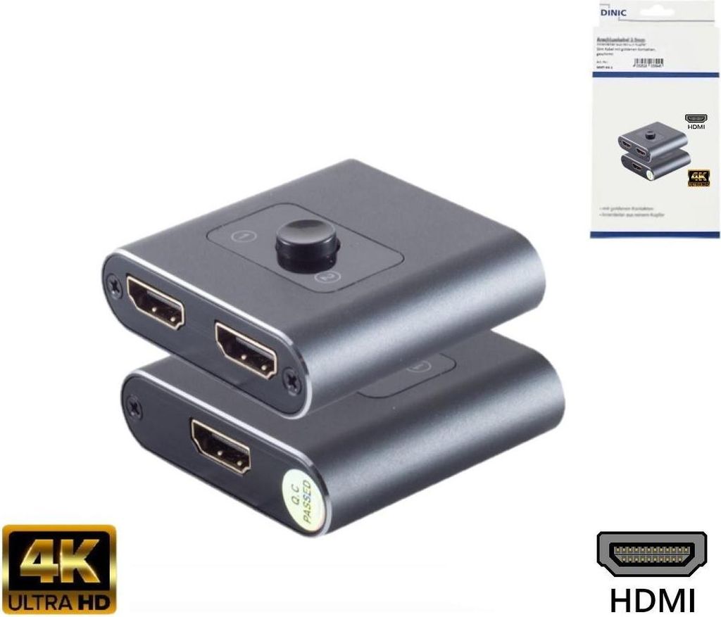 DINIC HDMI Umschalter 2x1, bidirektional, Metall 4K60Hz, Metall, Space Grau