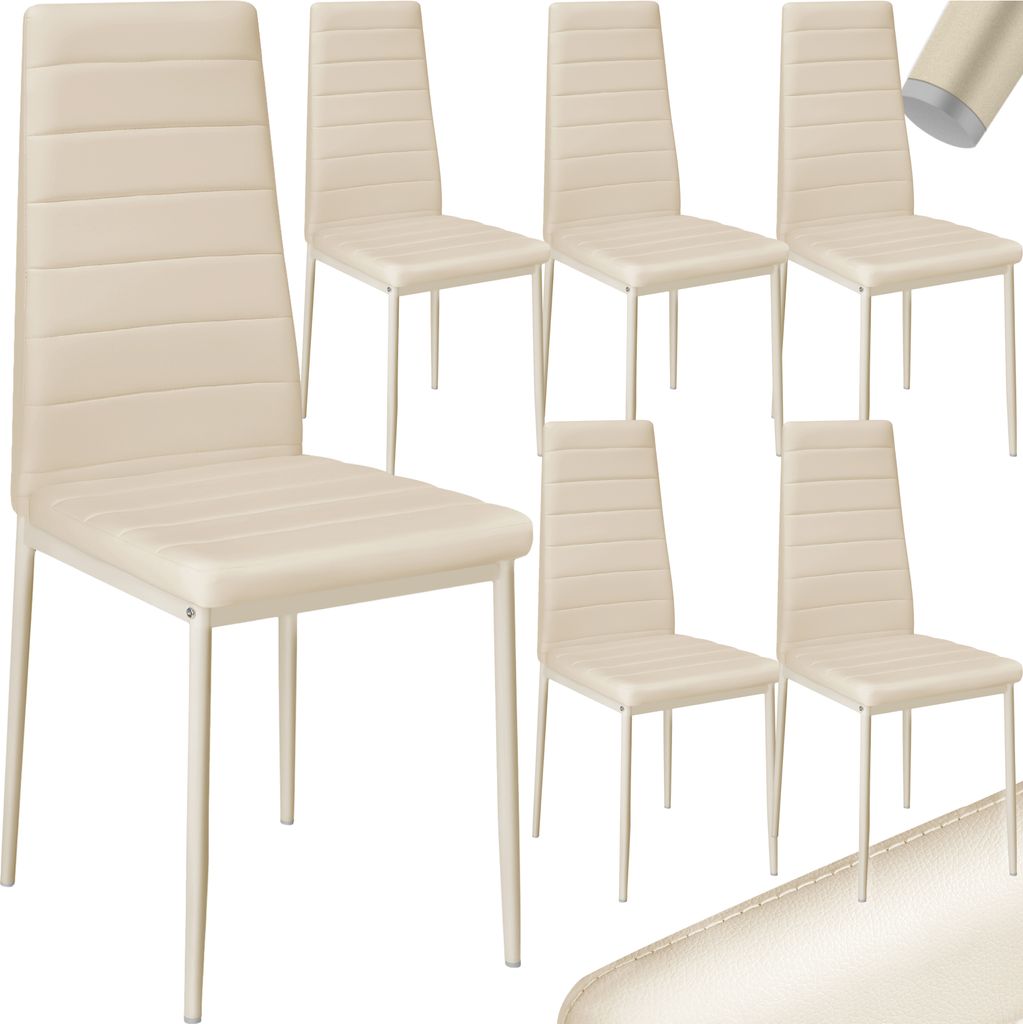 A set of six beige dining chairs arranged in two rows against a white background.