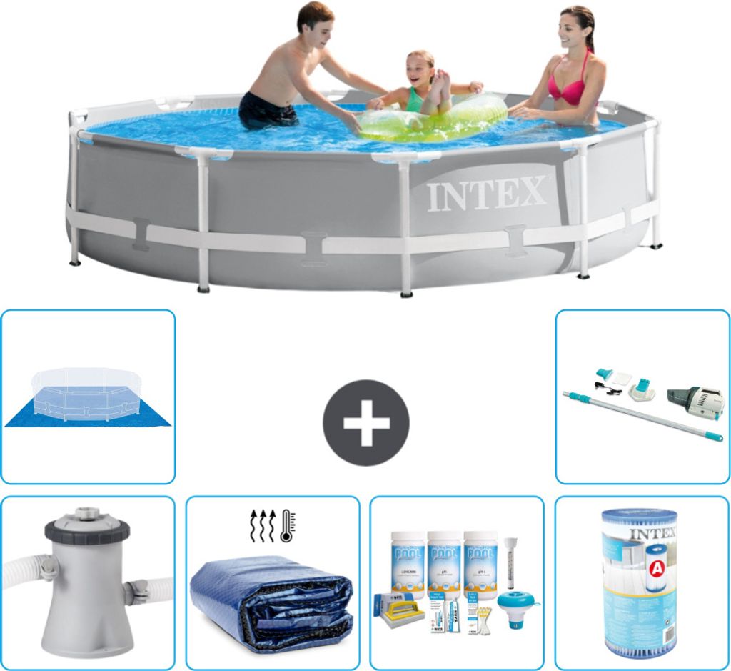 Intex Round Prism Frame Swimming Pool – 305 x 76 cm – Grau – inklusive Pumpe Sonnensegel - Wartungspaket - Filter - Bodenplane - Staubsauger