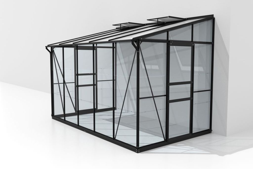 A black framed greenhouse with clear glass panels, shown against a white background.