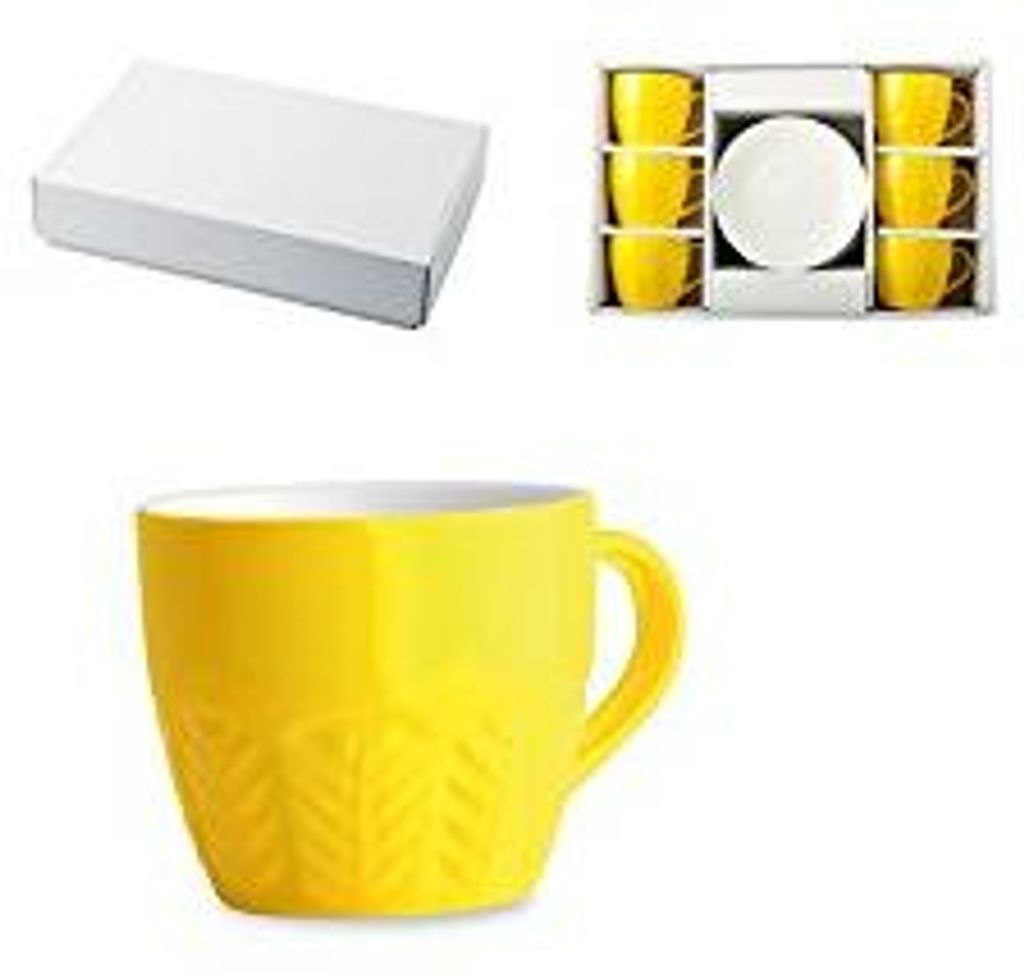 H&H 6er-Set Kaffeetassen aus neuem Bone China, gelb, geprägtes Dekor, cc130