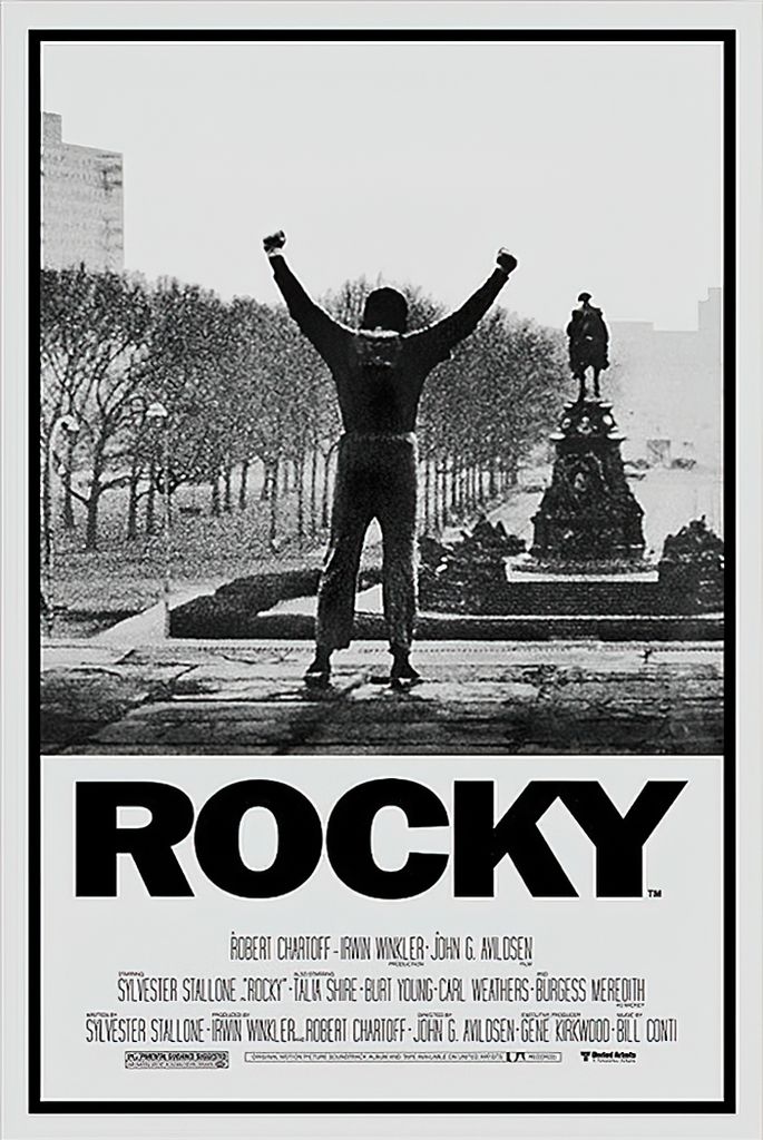 A black and white movie poster for Rocky, featuring Sylvester Stallone as Rocky Balboa with his arms raised in triumph in front of a statue.