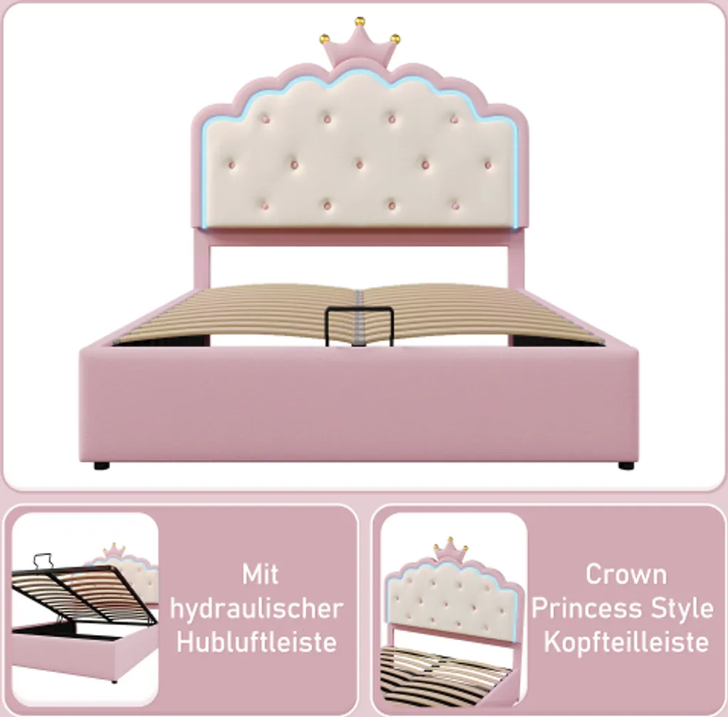 Optimisez votre espace avec ce lit coffre rose 140x200 et LED intégrées - 3