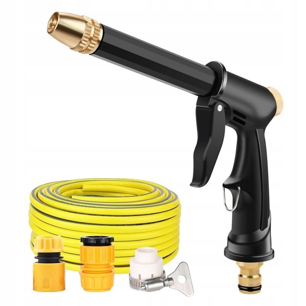 A garden hose spray gun, a coiled yellow garden hose, and several hose connectors are displayed against a white background.
