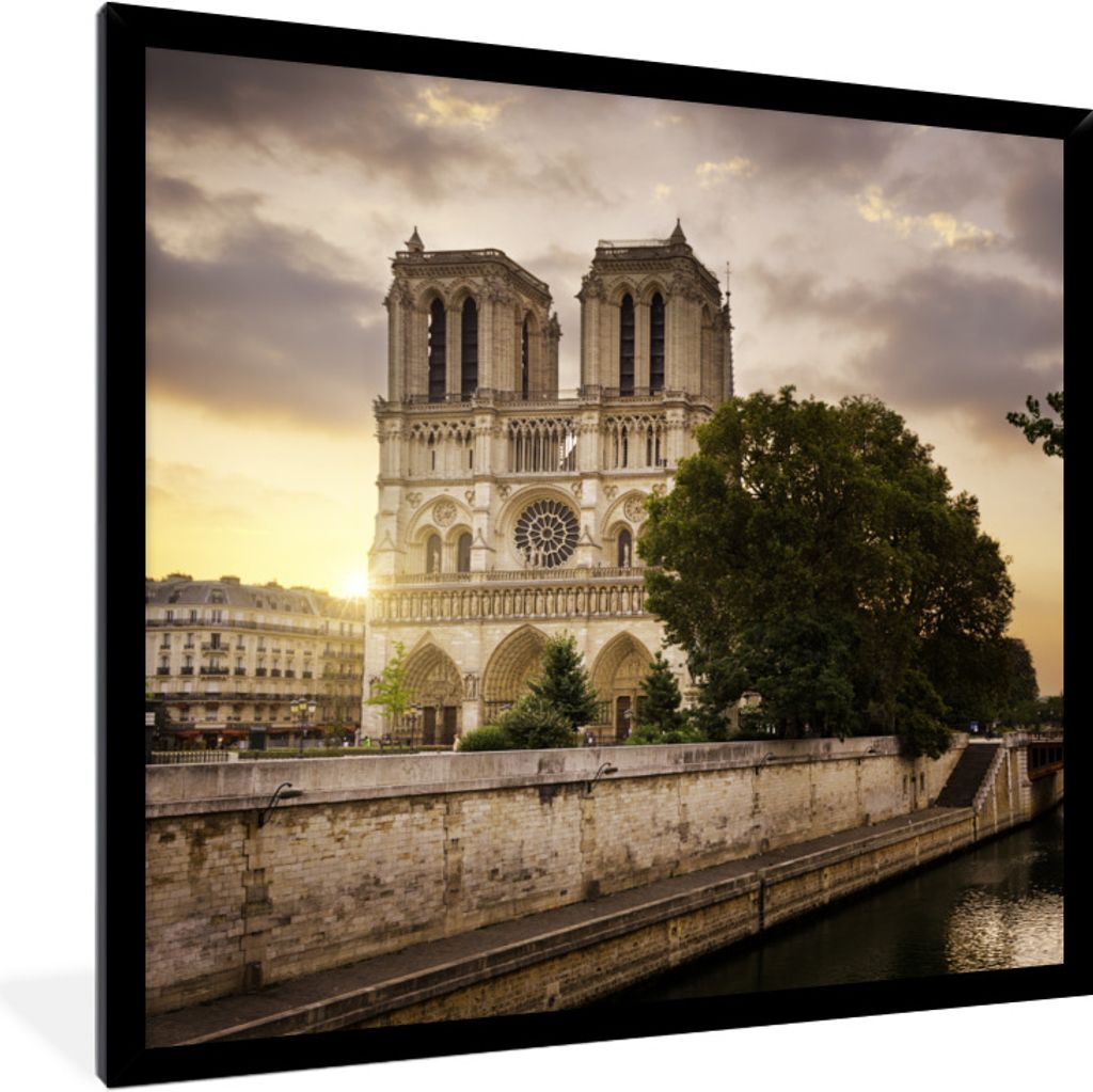 MuchoWow Gerahmtes Poster Sonnenaufgang bei Notre Dame in Paris 40x40 cm - Poster mit Schwarzem Bilderrahmen Wandposter Rahmen Foto Bilder - Mit ...