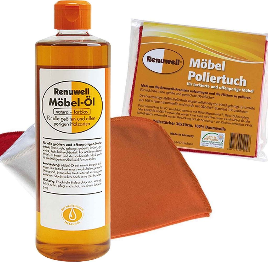 Renuwell Möbel-Öl 500 ml - Möbel Poliertuch 4 Stück Spar-Set