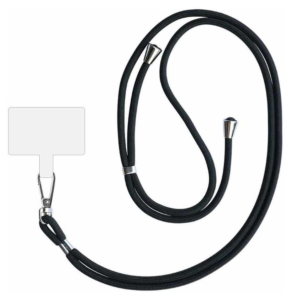 A black lanyard with a white phone attachment.