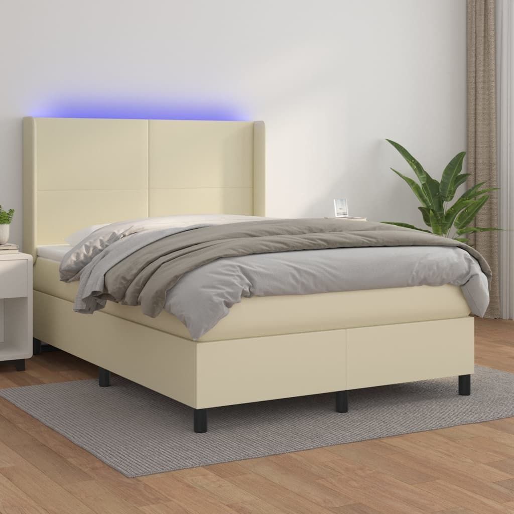Design Möbel Boxspringbett mit Matratze & LED Creme 140x190 cm Kunstleder - 2024 Neu