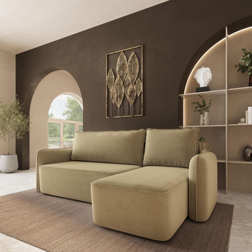 Masseno Ecksofa DOLVER CL mit Schlaffunktion L-Form, Sofa mit Bettkasten, Wohnzimmersofa, Couch, Soffa, Bettsofa, Couchgarnitur- Senfgelb, CASTEL 48