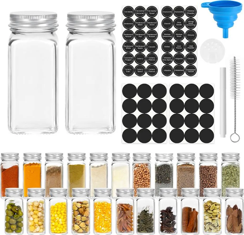 Jayseuw barattoli per spezie quadrati 24 pezzi 120ml barattoli per spezie in vetro con inserto per spolverare, etichette impermeabili, imbuto, spazzola per la pulizia contenitore per spezie accessori da cucina, coperchio in alluminio argento - 8