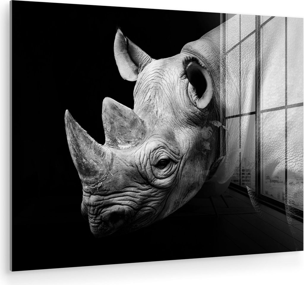MuchoWow Glasbilder - Bilder auf Wandbild - Foto auf Glas Tiere - Nashorn - Schwarz - Weiß - Porträt 80x60 cm Wanddekoration aus Glas - Acrylglas...