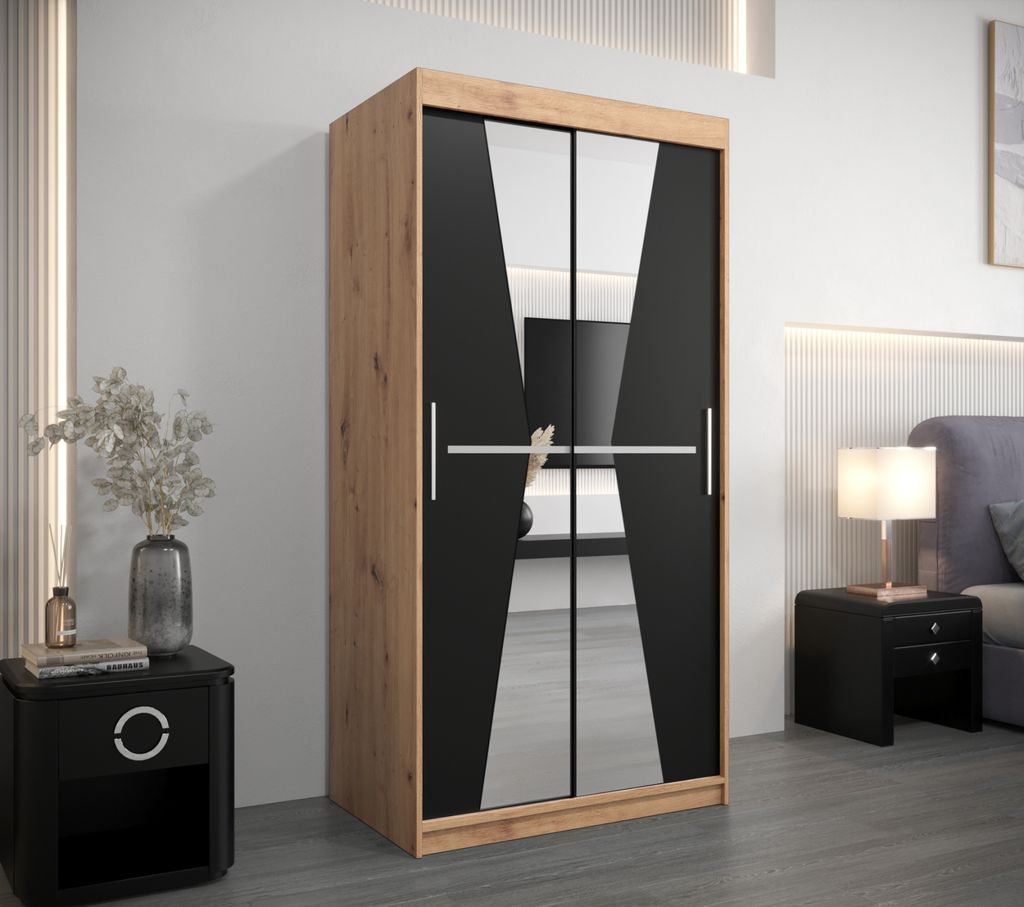 Kleiderschrank mit Spiegeln MILANA – Breite 100 cm, Eiche artisan / schwarz
