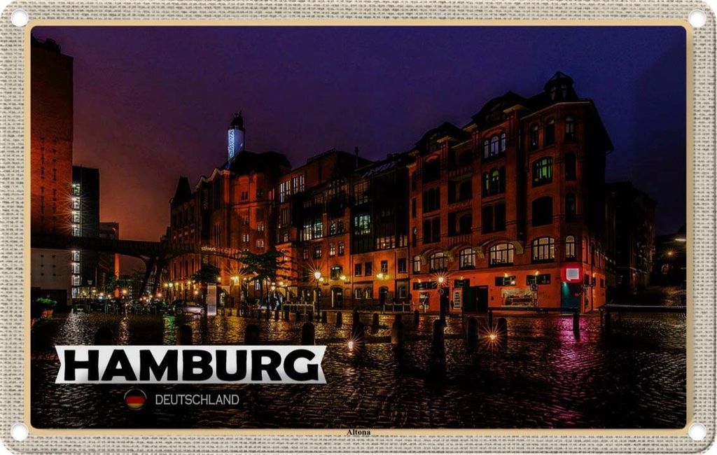 vianmo Blechschild 20x30 cm Hamburg Altona Stadt Nacht Bildmotiv Reisemotiv Abenteuer Reisen Urlaub