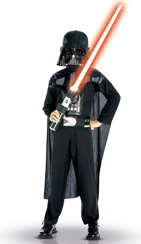 A child dressed as Darth Vader from Star Wars, holding a red lightsaber.