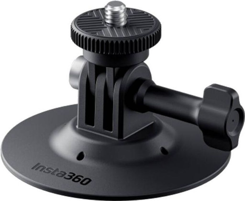 A black Insta360 camera mount with a suction cup base and a standard tripod screw mount.