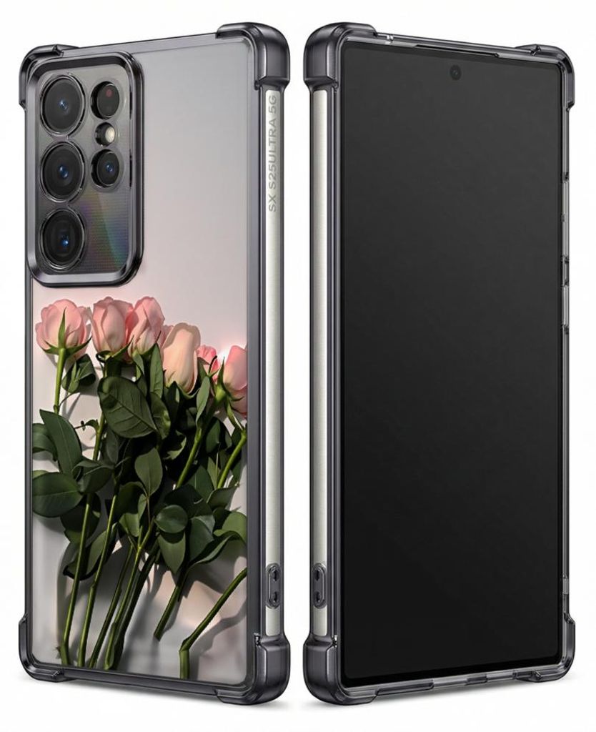 Personalisierte Hülle mit Bild für Samsung Galaxy S25 Edge Elektroplattiert TPU Stoßdämpfer Handyhülle mit Rosa Rosen auf transparentem Hinter...