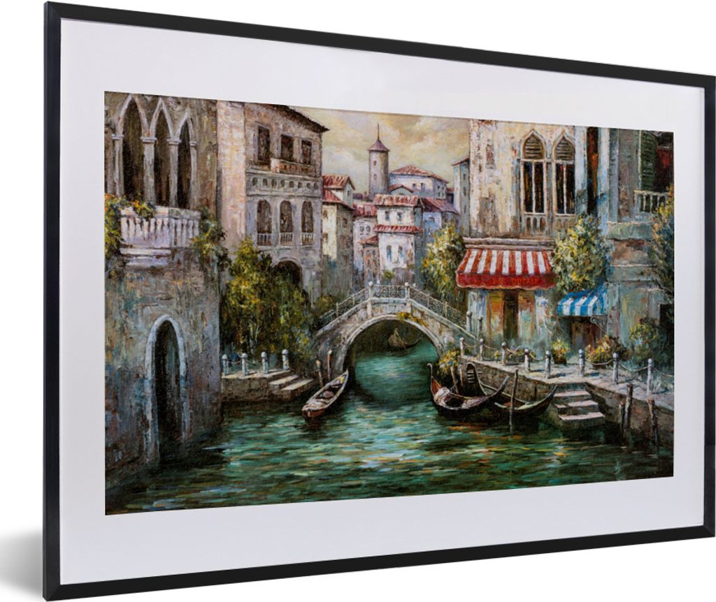 MuchoWow Gerahmtes Poster Gemälde - Wasser - Italien - Boot - Architektur - Öl 60x40 cm - Poster mit Schwarzem Bilderrahmen Wandposter Rahmen F...