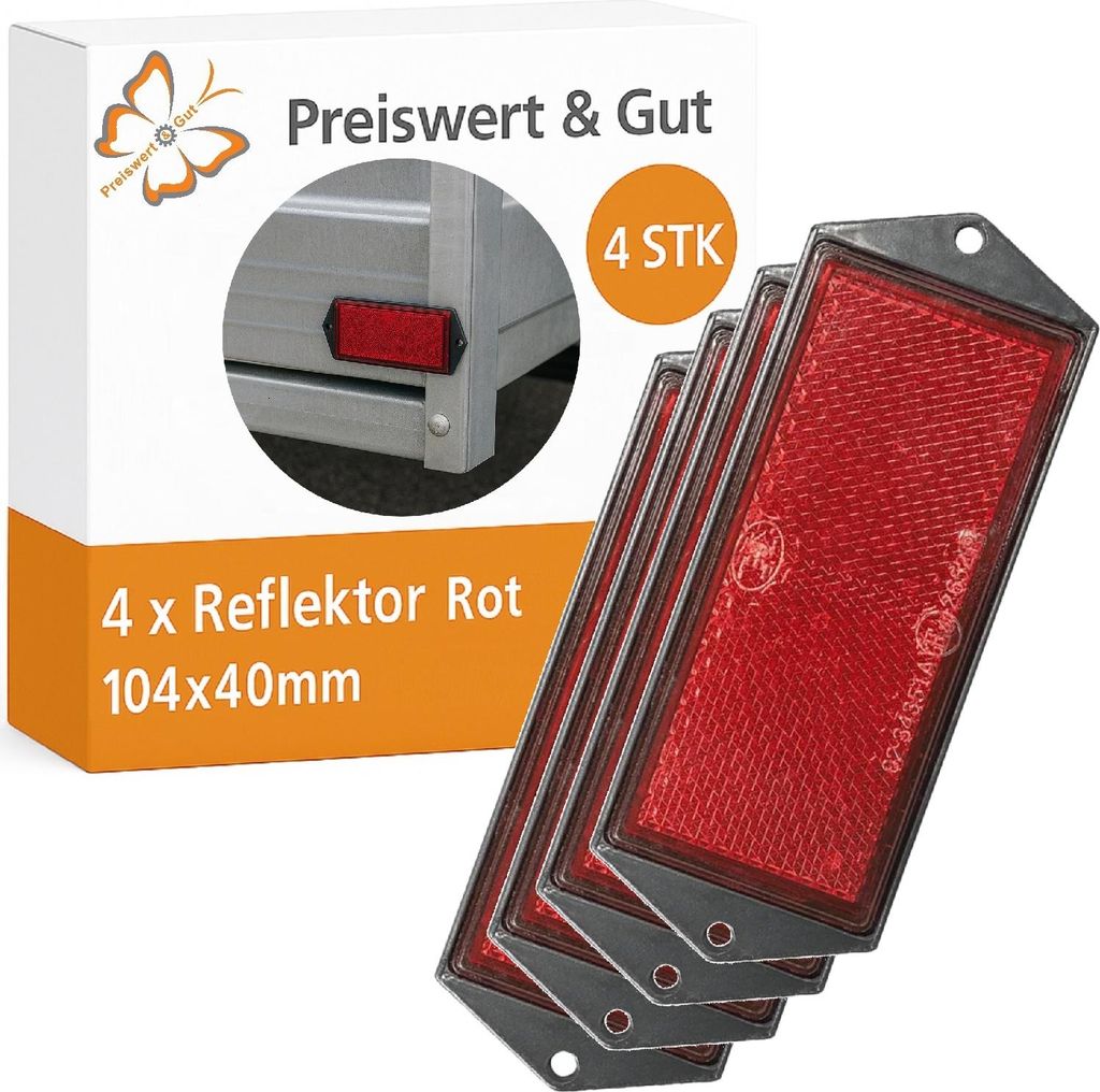 4 x Seitenstrahler Anhänger Zubehör, Reflektor für Anhänger 104 x 40 mm - Farbe Rot mit Schraubbefestigung Rückstrahler