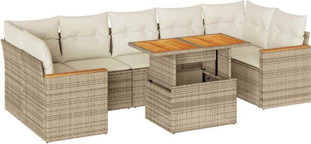 8-tlg. Garten-Sofagarnitur mit Kissen Beige Poly Rattan Akazie