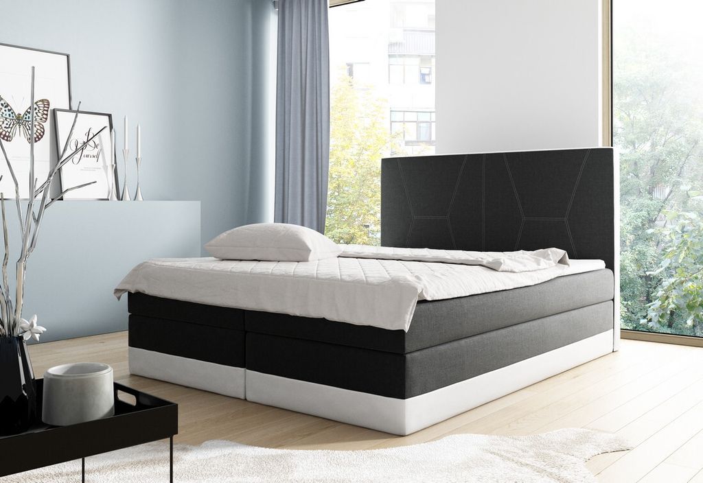 Großes Polsterbett Stefani, schwarz/weiß, 200 + gratis Matratzenauflage
