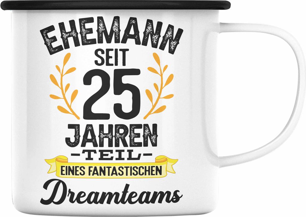 Trendation - Ehemann 25 Jahre Jahrestag Silberne Hochzeit Jubiläum Hochzeitstag Geschenk Emaille Tasse Silberhochzeit Geschenke (Schwarz)