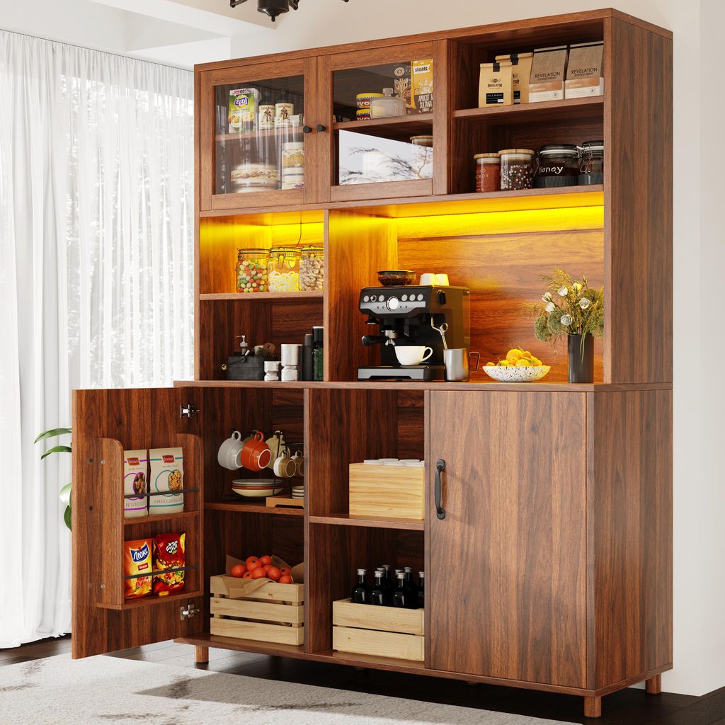 Retro Hochschrank Küchenschrank in Walnuss-Optik, 140x40x185 cm Mehrzweckschrank mit App-LED-Beleuchtung, Vitrine aus Sicherheitsglas & verstellba...