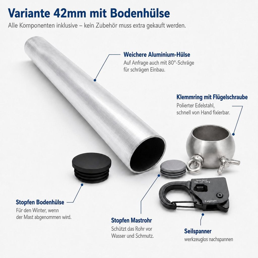 Sonnensegelmast ⌀42mm 2,5m mit Bodenhülse Höhenverstellbar Produktbild 