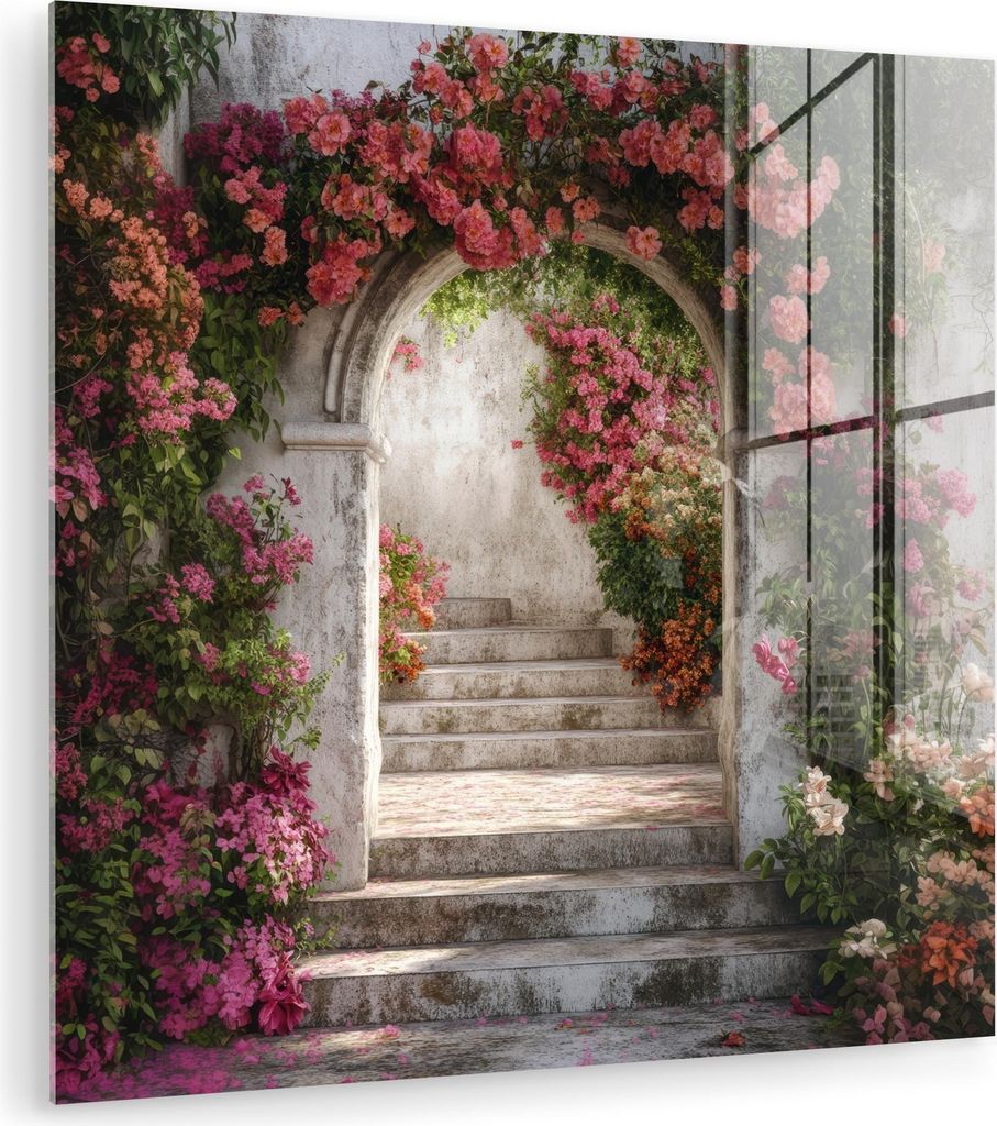 MuchoWow Glasbilder - Bilder auf Wandbild - Foto auf Glas Durchsichtig - Rosen - Vintage - Tor 90x90 cm Wanddekoration aus Glas - Acrylglasbild - A...