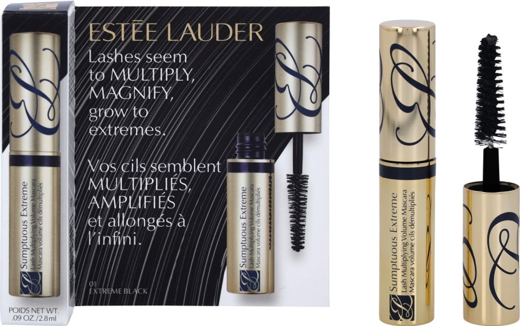 A product shot of Estee Lauder Sumptuous Extreme mascara and its packaging.